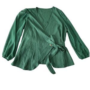 Shein Curve Green Textured Wrap Blouse With Balloon Sleeves 1XL